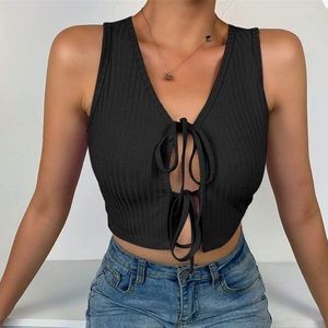 Y2K black ribbed front tie tank top crop